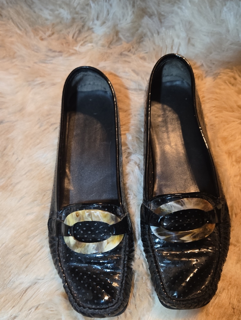 Stuart Weitzman Black Patent Leather Loafers with Tortoiseshell Accent